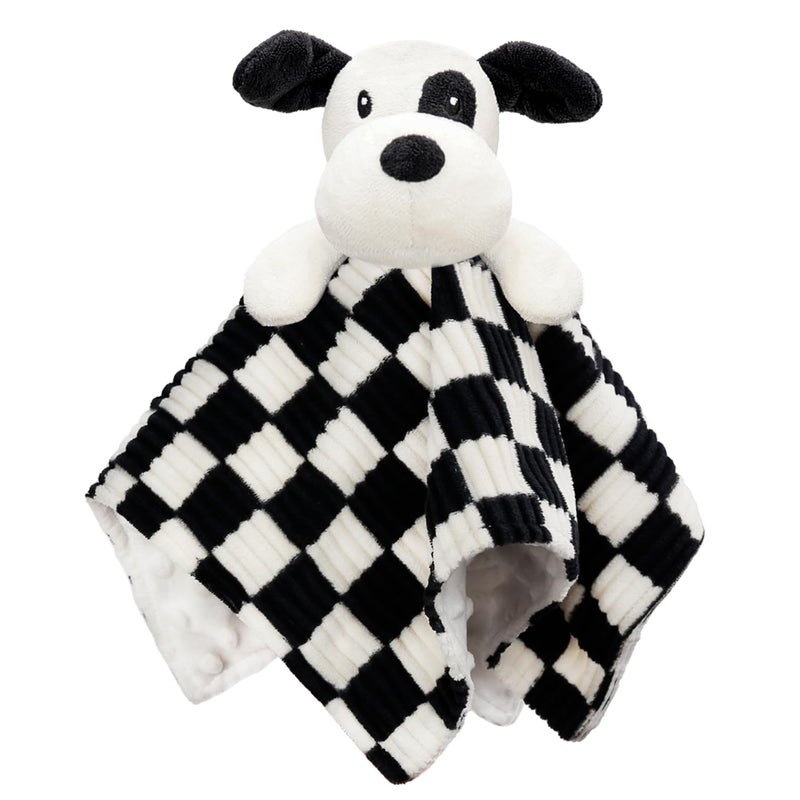 BEILIMU Baby Security Blanket for Boys Girls, High Contrast Super Soft 3D Checkerboard Gingham with Minky Dot Fabric Backing Snuggle Stuffed Animal Blankie Puppy Lovely Black 14 Inch - Image 1
